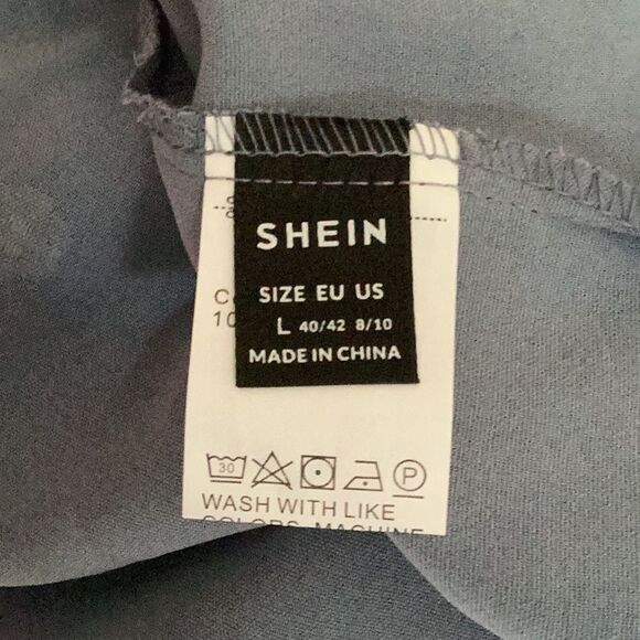 SHEIN NEW SWISS DOT SPLIT SLEEVE KNOT CUFF BLOUSE TOP POWDER BLUE PEARLS LARGE - Picture 10 of 10